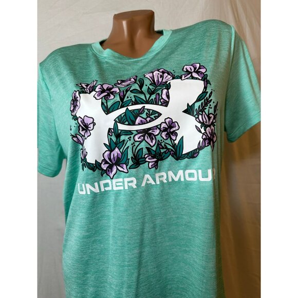 Under Armour Floral Logo Tee L Mint Green Sporty Soft Performance Top - Picture 3 of 5